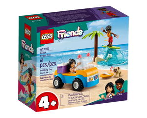 LEGO Friends 41725 Beach Buggy Fun box showing a beach buggy, two minifigures, a surfing scene, a palm tree, and a dog.