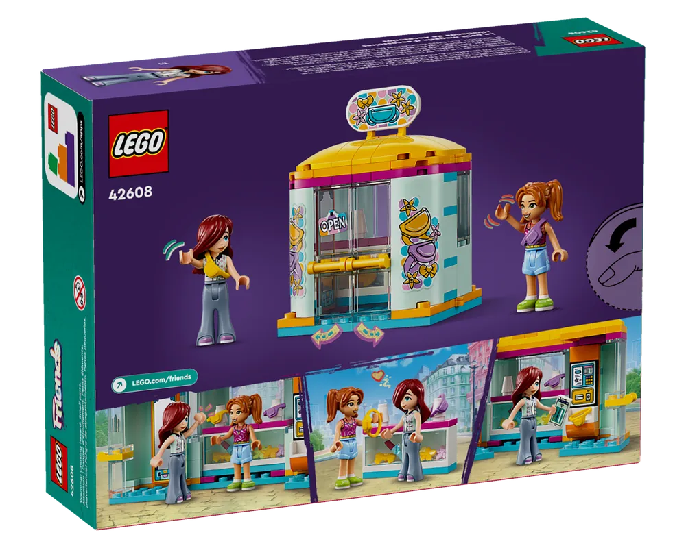 Back of LEGO Friends 42608 Tiny Accessories Store box, showing mini-dolls interacting with the shop and accessories.