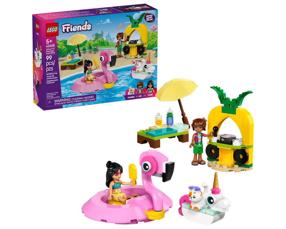 LEGO Friends 42658 Unicorn & Flamingo Pool Party set with box, mini-dolls, flamingo float, unicorn float, pineapple DJ booth, sun lounger.