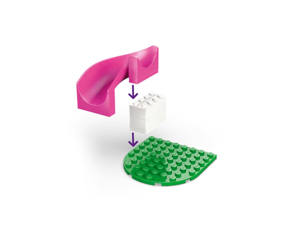 Pink LEGO slide piece, white bricks, and green leaf baseplate with arrows showing assembly steps.