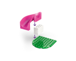 Pink LEGO slide piece, white bricks, and green leaf baseplate with arrows showing assembly steps.