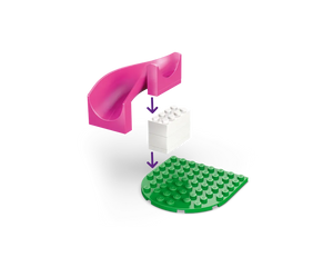 Pink LEGO slide piece, white bricks, and green leaf baseplate with arrows showing assembly steps.