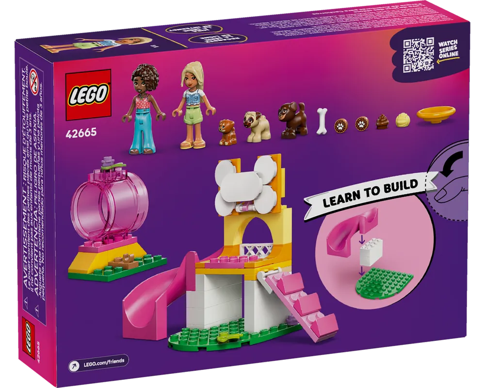 Back of LEGO Friends 42665 Puppy Playground box showing two minifigures, three dogs, playground elements like a slide, and accessories.