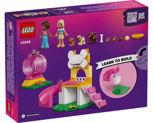 Back of LEGO Friends 42665 Puppy Playground box showing two minifigures, three dogs, playground elements like a slide, and accessories.