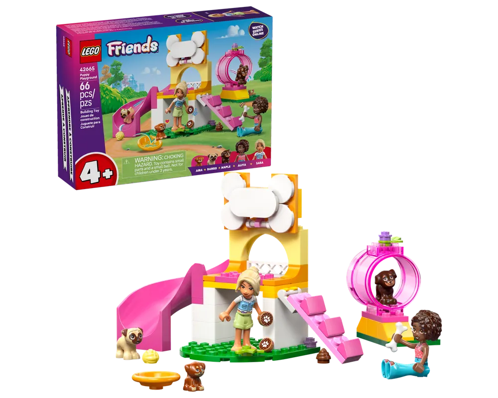 LEGO Friends 42665 Puppy Playground set with two mini-dolls, three puppies, slide, stairs, and spinning tunnel.