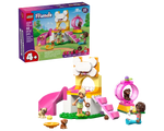 LEGO Friends 42665 Puppy Playground set with two mini-dolls, three puppies, slide, stairs, and spinning tunnel.