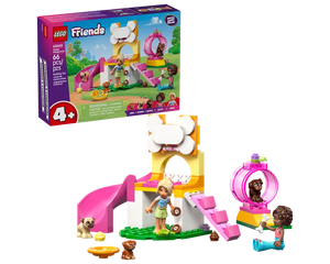 LEGO Friends 42665 Puppy Playground set with two mini-dolls, three puppies, slide, stairs, and spinning tunnel.