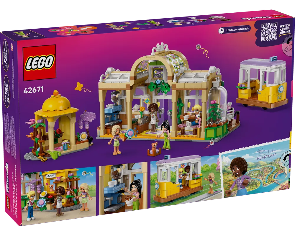 Back of LEGO Friends 42671 Plant Café & Flower Shop box showing assembled set: a large cafe, a gazebo, and a yellow tram.