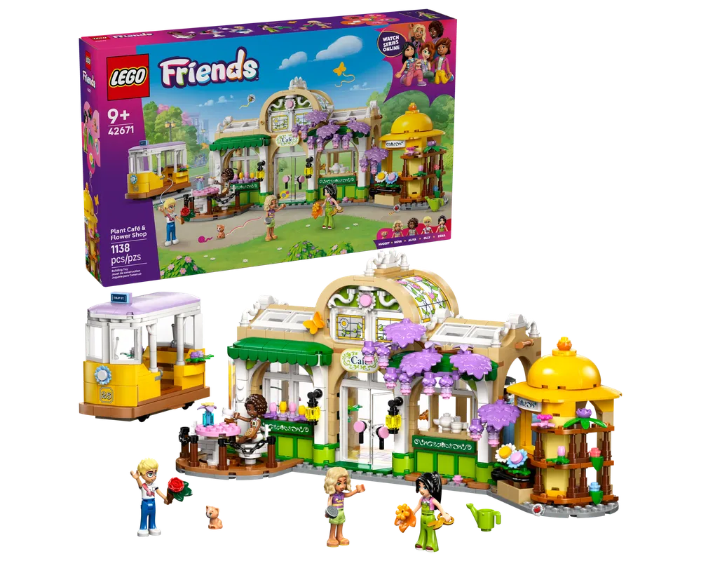 LEGO Friends 42671 Plant Café & Flower Shop set with box, built café, flower shop, tram, and minifigures.