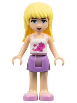 LEGO Friends Stephanie minifigure with blonde hair, white top with pink stars, lavender skirt, and light pink ballet flats.