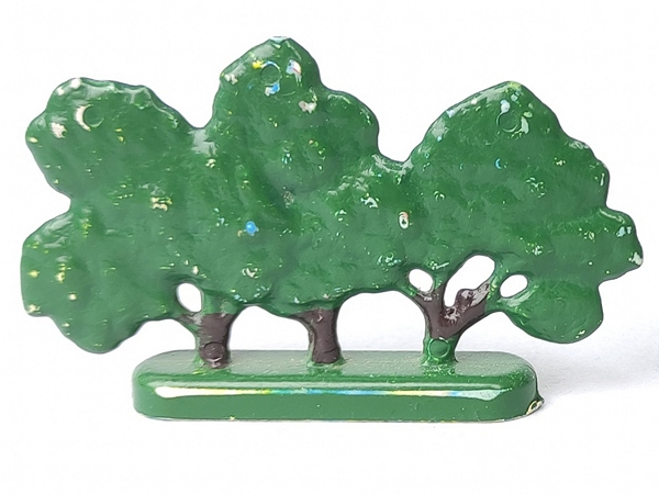 Green LEGO FTBushH flat tree bush plant with three dark brown trunks on a green base, painted surface.