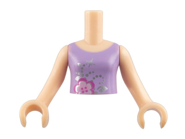 Lavender LEGO mini-doll torso with pink and silver flower pattern, light nougat arms, and hands.