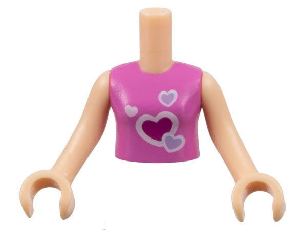 LEGO mini-doll girl torso, dark pink vest top with white and purple hearts, light nougat arms with hands.