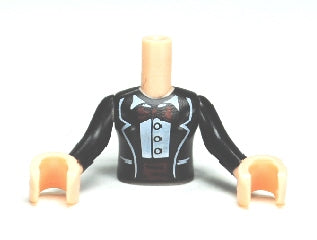 LEGO mini-doll girl torso: black formal jacket with bow tie, cummerbund pattern, black sleeves, light nougat hands.
