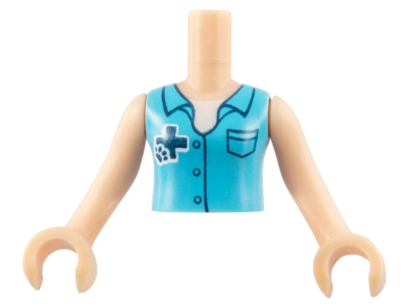 LEGO Mini Doll Girl torso, medium azure blouse with dark blue cross & paw over white shirt, light nougat arms with hands.