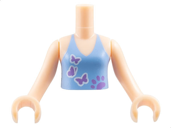 LEGO mini-doll torso: medium blue halter top with medium lavender paw print and 3 butterflies pattern, arms with hands.
