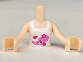 LEGO FTGpb076c01 - Mini Poppen Torso Meisje Witte Haltertop met Donkerroze en Magenta Cirkels en Sterren met Witte Omtrek Patroon, Armen met Handen