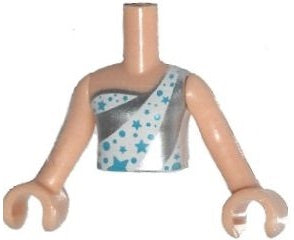 LEGO Mini Doll Girl torso: White/silver one-strap top with medium azure stars and circles, light nougat arms and hands.