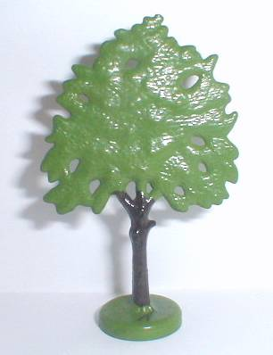 A green LEGO Flat Oak Tree (FTOakH) with a dark brown trunk and a green circular base, standing on a white background.