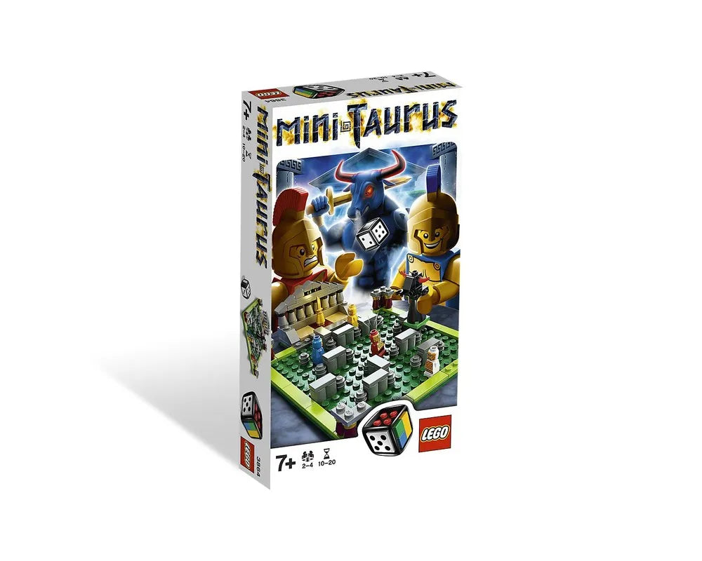 LEGO Games 3864 Mini Taurus box art shows Spartan minifigs, a blue Minotaur, game board, and a LEGO dice.