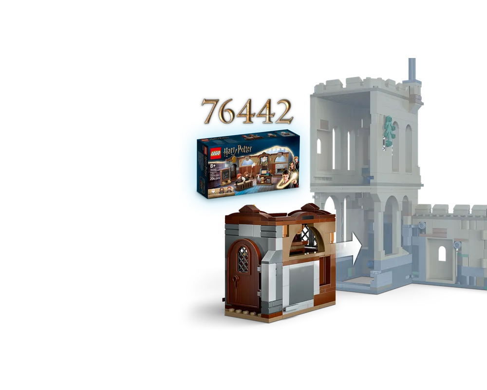 LEGO Harry Potter 76442 set box, a brown modular building, and an arrow indicating connection to a transparent Hogwarts Castle section.