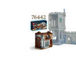 LEGO Harry Potter 76442 set box, a brown modular building, and an arrow indicating connection to a transparent Hogwarts Castle section.