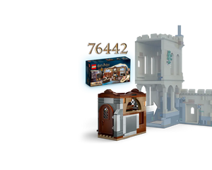 LEGO Harry Potter 76442 set box, a brown modular building, and an arrow indicating connection to a transparent Hogwarts Castle section.