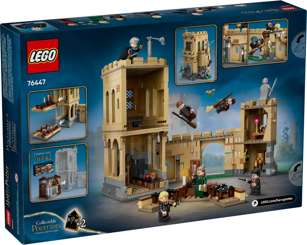 LEGO Harry Potter 76447 Hogwarts Castle: Flying Lessons box back, displaying assembled set, minifigures & play features.