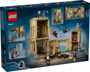 LEGO Harry Potter 76447 Hogwarts Castle: Flying Lessons box back, displaying assembled set, minifigures & play features.