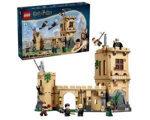 LEGO Harry Potter 76447 Hogwarts Castle: Flying Lessons. Tan castle section, minifigures flying on brooms and standing. Product box is visible.