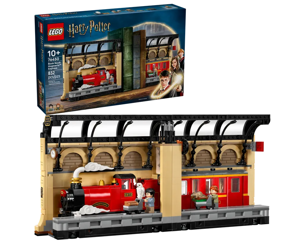 LEGO Harry Potter 76450 Book Nook Hogwarts Express set showing the box and built model of Platform 9 3/4 with train.