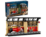 LEGO Harry Potter 76450 Book Nook Hogwarts Express set showing the box and built model of Platform 9 3/4 with train.