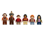 Six LEGO Harry Potter minifigures, including characters with a sorting hat, red scarf, Gryffindor sweater, and plaid shirt.
