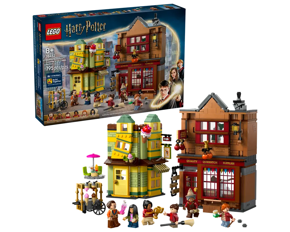 LEGO Harry Potter 76452 set showing Quality Quidditch Supplies & Ice Cream Parlour buildings, an ice cream cart, and minifigures.