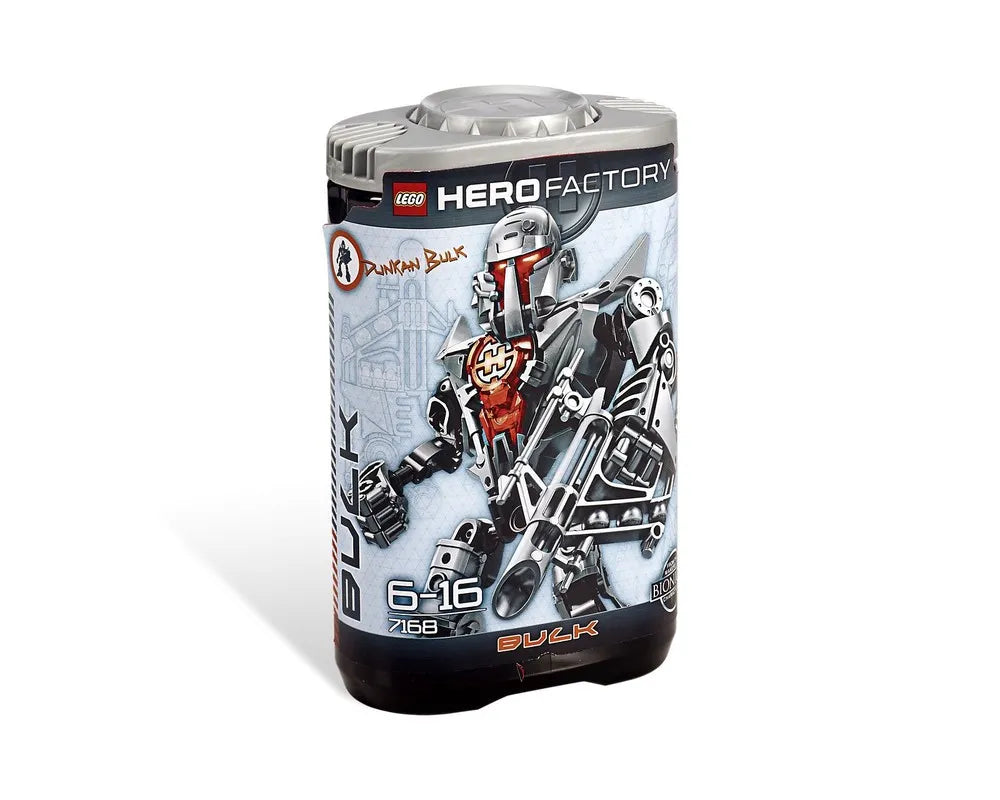 LEGO Hero Factory 7168 Dunkan Bulk set in its cylindrical packaging, featuring a silver and red robot character.