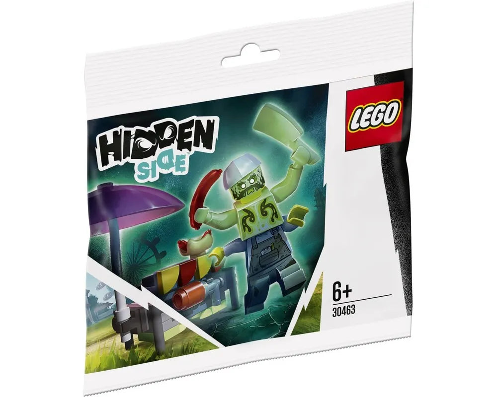 LEGO Hidden Side 30463 polybag showing zombie Chef Enzo with a hotdog, cleaver, and hotdog stand with umbrella.