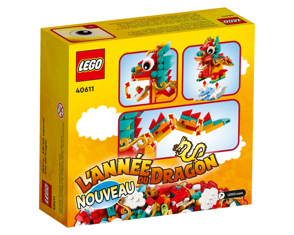 Back of LEGO 40611 Year of the Dragon box. Displays the red and teal dragon model, its movable body, and included bricks.
