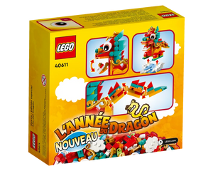 Back of LEGO 40611 Year of the Dragon box. Displays the red and teal dragon model, its movable body, and included bricks.