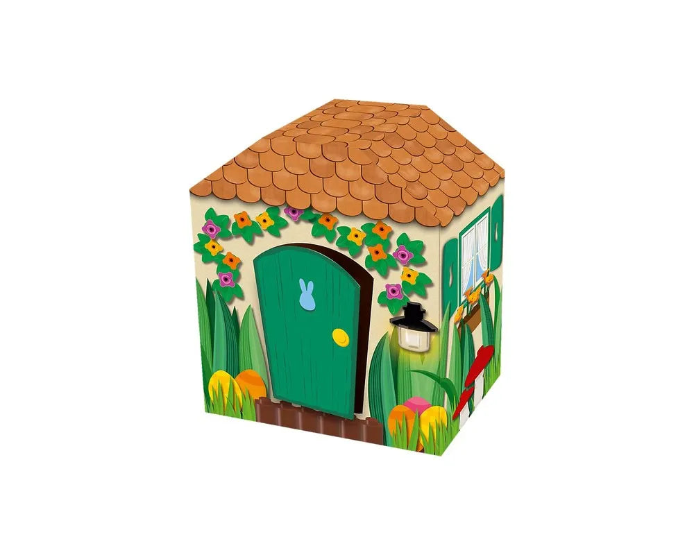 A small, house-shaped box with a brown roof, green door with a bunny, colorful flowers, and Easter eggs in the grass.