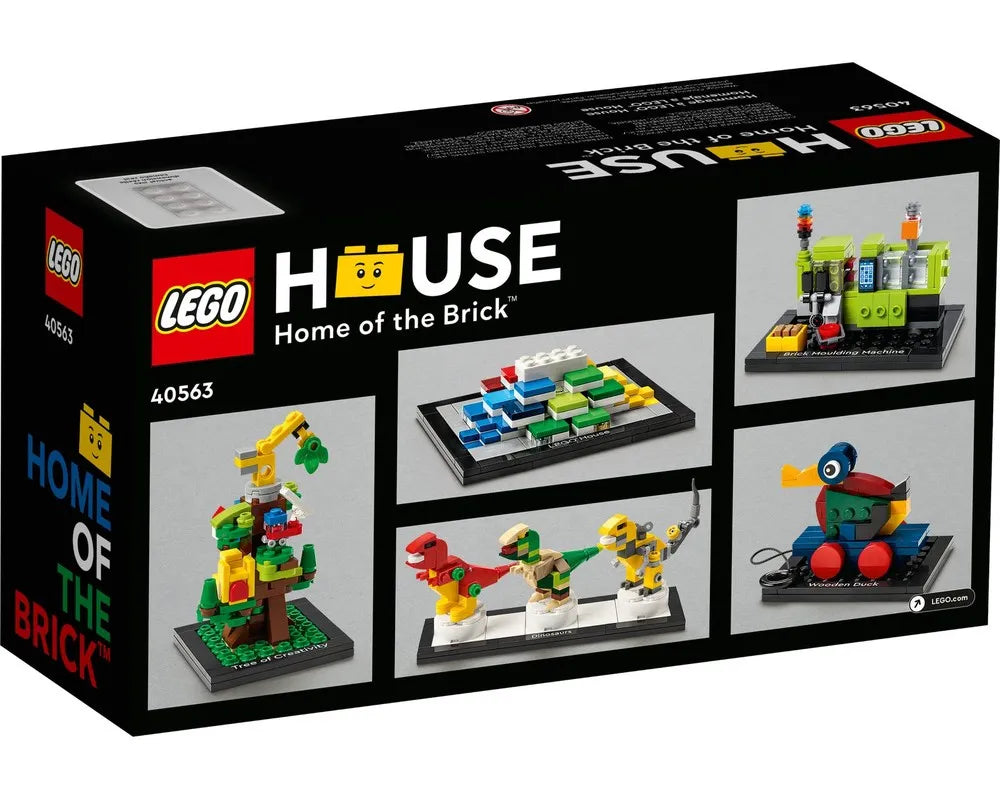 LEGO House 40563 set box showing mini-builds of the Brick Moulding Machine, Tree of Creativity, LEGO House, Dinosaurs, and Wooden Duck.