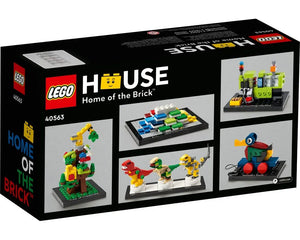 LEGO House 40563 set box showing mini-builds of the Brick Moulding Machine, Tree of Creativity, LEGO House, Dinosaurs, and Wooden Duck.