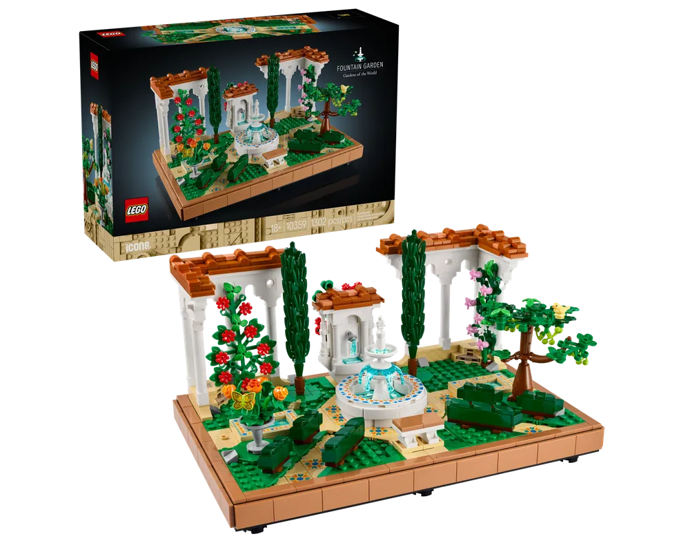 LEGO Icons 10359 Fountain Garden set showing a detailed build with a fountain, white pergolas, colorful flowers, trees, and benches.