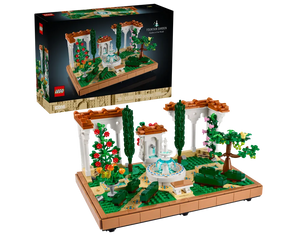 LEGO Icons 10359 Fountain Garden set showing a detailed build with a fountain, white pergolas, colorful flowers, trees, and benches.