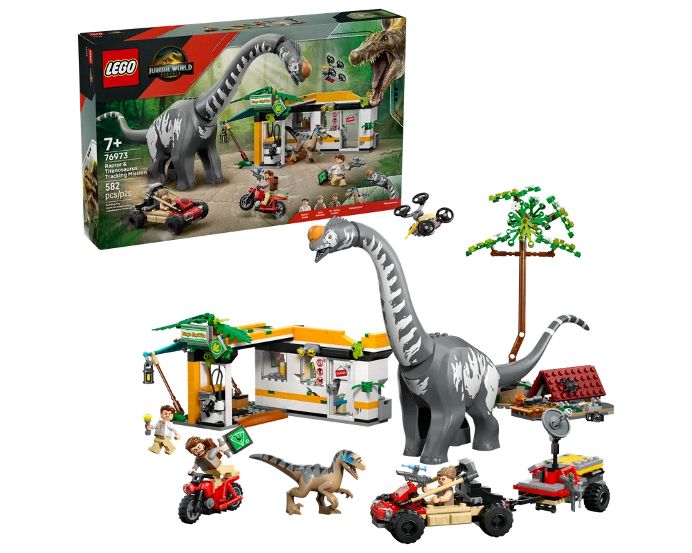 LEGO Jurassic World 76973 Raptor & Titanosaurus Tracking Mission set with large dinosaur, building, vehicles, and minifigures.