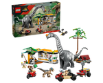 LEGO Jurassic World 76973 Raptor & Titanosaurus Tracking Mission set with large dinosaur, building, vehicles, and minifigures.