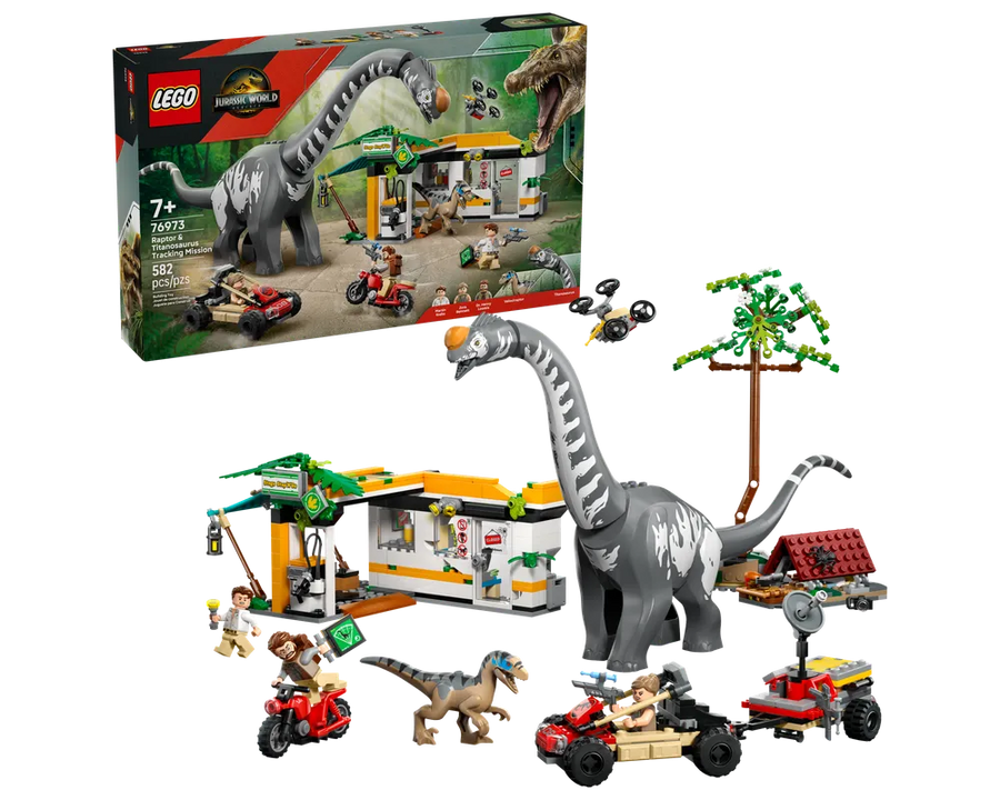LEGO Jurassic World 76973 Raptor & Titanosaurus Tracking Mission set with large dinosaur, building, vehicles, and minifigures.