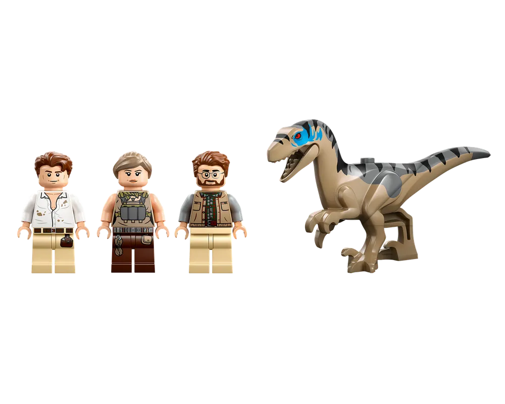 Three LEGO Jurassic World minifigures and a tan raptor dinosaur figure on a white background.