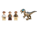 Three LEGO Jurassic World minifigures and a tan raptor dinosaur figure on a white background.
