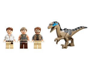 Three LEGO Jurassic World minifigures and a tan raptor dinosaur figure on a white background.