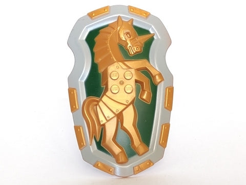 LEGO Large Figure Shield: armored gold unicorn with 2x2 brick relief on dark green, light bluish gray border.